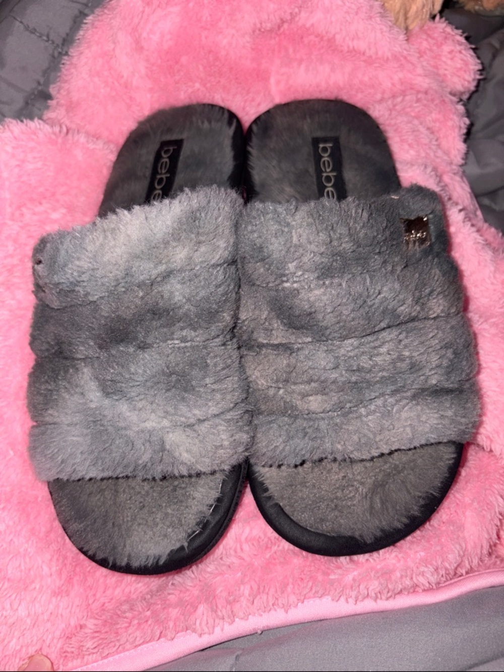 bebe Gray Plush Slide Slippers - Picture 3 of 5